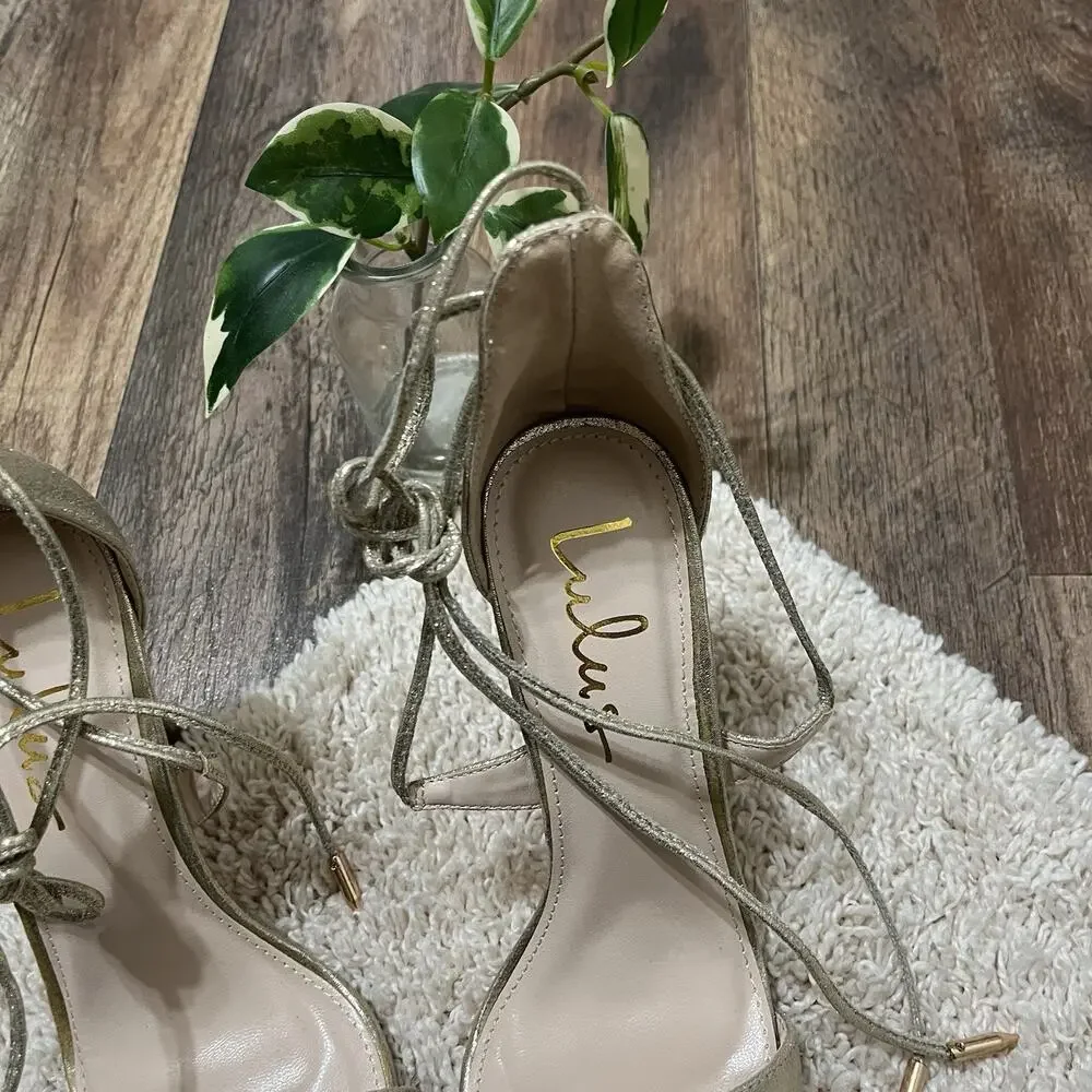Lulu's Size 7 Champagne Metallic Lace-Up Peep Toe Stiletto Aimee Heels